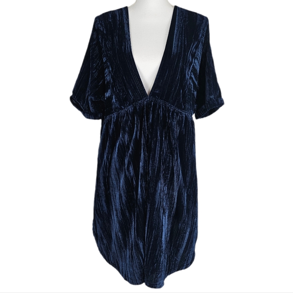 Natural Life Stella Dress Crushed Velvet Blue Mini Deep V Womens L XL Ethereal